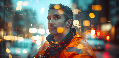 Poster - A contemplative man in an orange jacket amidst a blurred city backdrop.