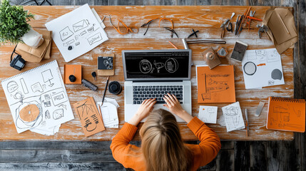 Poster - Creative workspace with sketches, laptop, and design materials