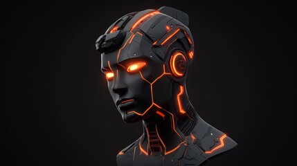 Poster - Futuristic Robotic Head Glowing Orange Lines Dark Background