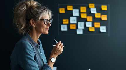 Poster - Businesswoman brainstorming ideas with sticky notes on wall
