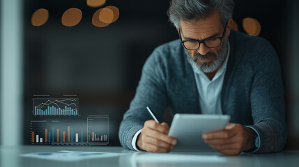 Poster - financial expert analyzing data on tablet with graphs