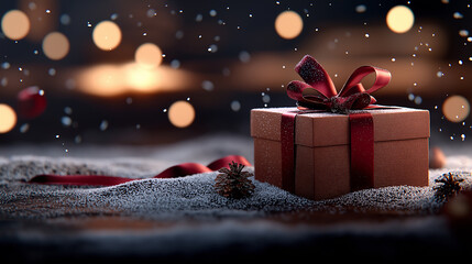 Aufkleber - beautifully wrapped gift box with shiny ribbon in snowy setting