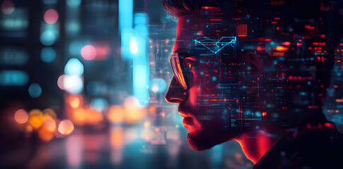 Fototapete - A futuristic profile of a person with digital overlays and neon lights.