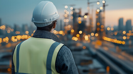 Poster - engineer in safety helmet observes construction site at dusk