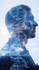 Aufkleber - A double exposure image of a man with a DNA strand overlay, symbolizing genetics and identity.