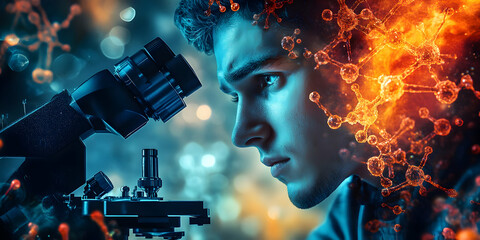 Poster - A focused individual examines a microscope, surrounded by abstract molecular imagery.