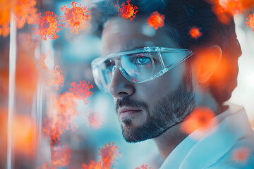 Poster - A scientist in protective eyewear examines virus particles in a lab setting.