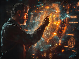 Poster - A man interacts with a futuristic digital interface displaying cosmic data and connections.