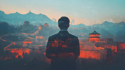 Poster - A silhouette of a person overlooking a historical landscape at dusk, blending nature and technology.