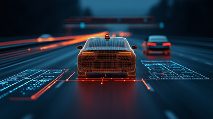 Poster - futuristic car with digital interface on highway at night