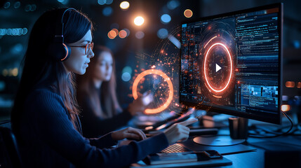 Fototapete - focused woman using computer with digital graphics at night