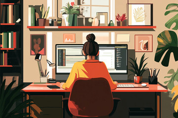 Poster - woman is sitting at a desk with a computer monitor and keyboard. she is wearing a yellow shirt and h