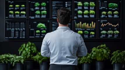 Aufkleber - Man analyzing data on screens in modern office with plants