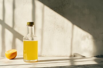 Wall Mural - Glass Bottle of Yellow Citrus Juice and Half Orange