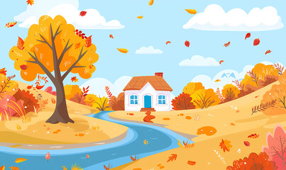 Poster - autumn landscape with trees and house