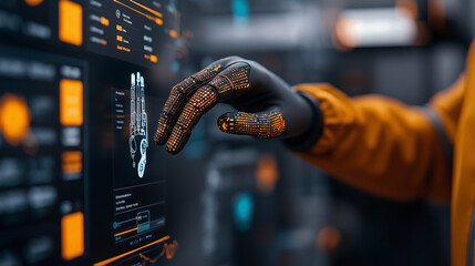 Fototapete - Close up of biomedical engineer hand interacting with digital interface, showcasing advanced
