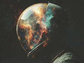Poster - An astronaut helmet filled with a colorful cosmic scene, symbolizing exploration and wonder.