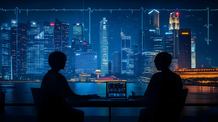 Aufkleber - Silhouettes of two people analyzing data against a city skyline with a heartbeat graph.
