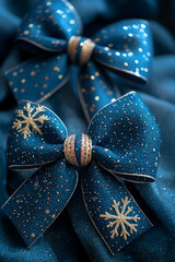 Poster - Two beautiful blue bows with snowflake designs, decorated with golden accents, resting on a luxurious fabric background.