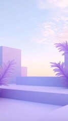 Poster - pastel gradient architectural facade with geometric patterns and palm leaves in a clean minimalist s