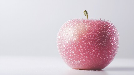 Wall Mural - Pink apple with water droplets on white background.