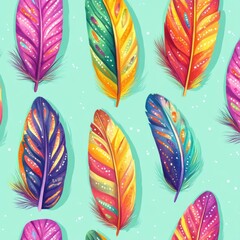 Poster - Colorful, vibrant feathers in shades of purple, blue, orange, and green create a lively pattern against a mint green background.