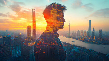 Poster - A silhouette of a person overlaid with a cityscape at sunset, symbolizing introspection and urban life.