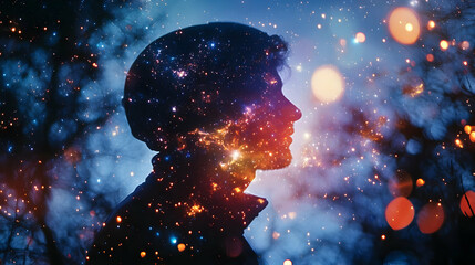 Poster - A silhouette of a person surrounded by a cosmic scene, blending human and universe imagery.