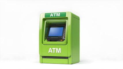 3D green ATM machine, realistic screen and buttons.