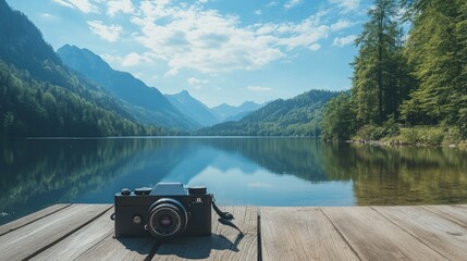 Poster - A camera on a wooden surface near a serene lake, surrounded by trees and mountains, with a peaceful blue sky, ideal for nature lovers and photography enthusiasts.