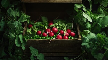 Aufkleber - A close-up of fresh red radishes and green peas in a wooden box, surrounded by lush greens, evoking a sense of natural freshness and healthy eating on a rustic table
