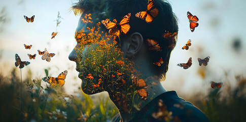 Poster - A silhouette of a man surrounded by butterflies and flowers, symbolizing nature and transformation.
