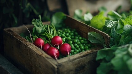 Aufkleber - A close-up of fresh red radishes and green peas in a wooden box, surrounded by lush greens, evoking a sense of natural freshness and healthy eating on a rustic table
