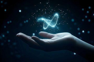 Aufkleber - A hand holds shimmering particles forming a butterfly silhouette against a dark background, symbolizing creativity and transformation.