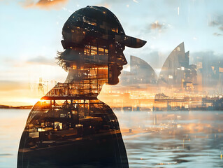 Poster - A silhouette of a person with a cityscape overlay at sunset, conveying introspection.
