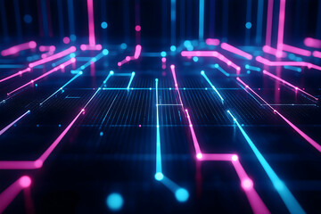 Leinwandbilder - A vibrant digital landscape featuring interconnected neon circuits in pink and blue, symbolizing technology and innovation.