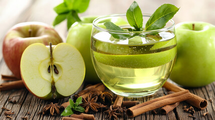 Wall Mural - refreshing and flavorful beverage, apple cinnamon water is surrounded by fresh apples and cinnamon sticks, creating vibrant and aromatic scene