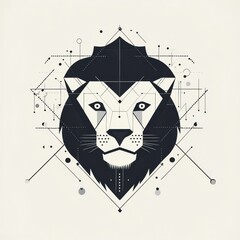 Poster - Stylized geometric lion illustration in black and white, showcasing sharp lines and a modern aesthetic.