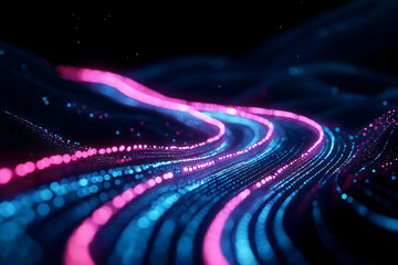 Aufkleber - A vibrant, abstract image featuring flowing waves of neon pink and blue lights against a dark background, creating a dynamic visual effect.