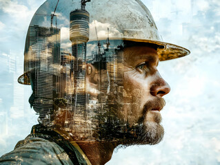 Poster - A thoughtful construction worker with a city skyline reflected in his helmet.