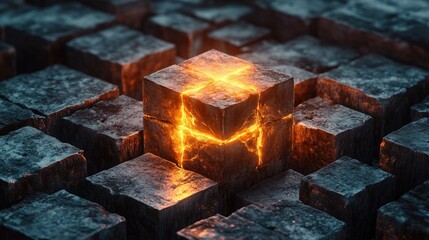 Aufkleber - A glowing cube in the midst of dark, cracked blocks, radiating energy and light, illustrating power and vitality in a desolate setting.