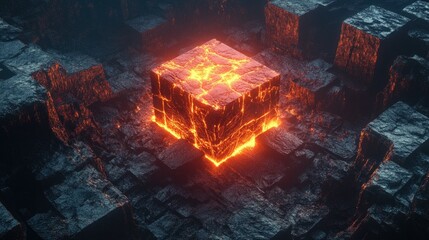 Aufkleber - A glowing central cube embedded in a field of dark, charred blocks, radiating intense heat and light, symbolizing energy amidst desolation.