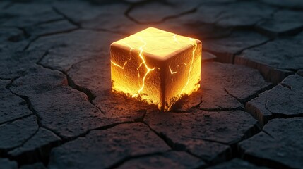 Aufkleber - A glowing cube in the midst of dark, cracked blocks, radiating energy and light, illustrating power and vitality in a desolate setting.