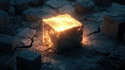 Aufkleber - A glowing cube in the midst of dark, cracked blocks, radiating energy and light, illustrating power and vitality in a desolate setting.