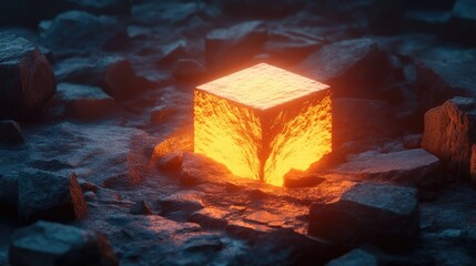Aufkleber - A glowing cube in the midst of dark, cracked blocks, radiating energy and light, illustrating power and vitality in a desolate setting.