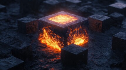 Poster - A glowing cube surrounded by dark blocks, emitting intense light and heat, representing power and energy amidst a barren landscape.
