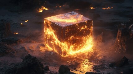 Poster - A glowing cube surrounded by dark blocks, emitting intense light and heat, representing power and energy amidst a barren landscape.