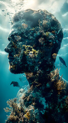 Poster - A surreal image of a man's profile filled with coral and marine life, symbolizing connection to nature.