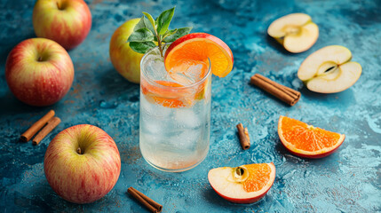 Wall Mural - Refreshing apple cinnamon water with orange slices on blue surface, surrounded by fresh apples and cinnamon sticks, evokes cool and invigorating summer vibe