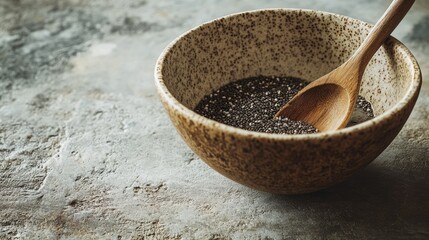 Aufkleber - A rustic ceramic bowl filled with chia seeds and a wooden spoon placed on a textured surface, evoking a sense of wholesome nutrition and natural simplicity.